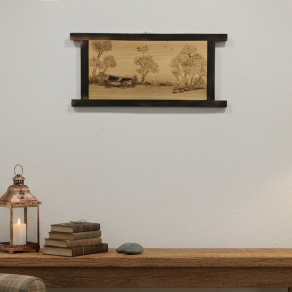 Pyrography Wood Burning Wall Art Plaque Boat Moored Near Water Trees Framed